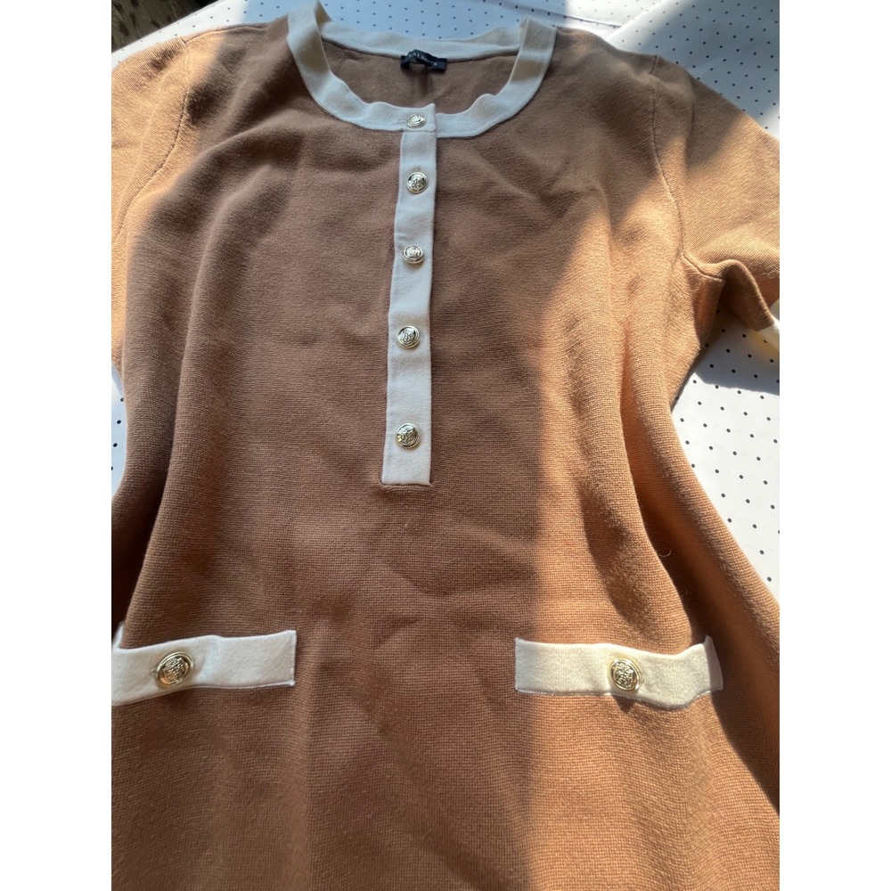 Talbots Camel Knit Sweater Dress Gold Button Old Money Preppy Midi Brown M - Picture 3 of 9